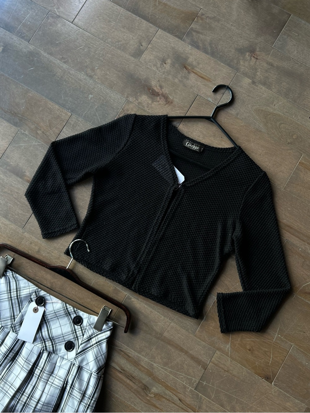 Garage Black Waffle Knit Zip Crop Top